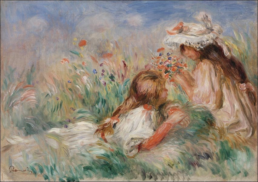 Galeria Plakatu, Plakat, Girls in the Grass Arranging a Bouquet, Pierre-Auguste Renoir, 60x40 cm