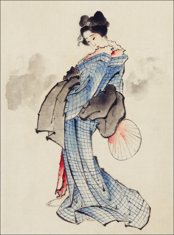 Galeria Plakatu, Plakat, Woman, Full-Length Portrait, Standing, Facing Left, Holding Fan in Right Hand, Wearing Kimono, Hokusai, 30x40 cm
