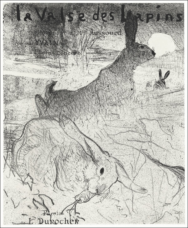 Galeria Plakatu, Plakat, Omslag voor muziekblad met lied La Valse des Lapins met konijnen in landschap, Henri De Toulouse-Lautrec, 30x40 cm