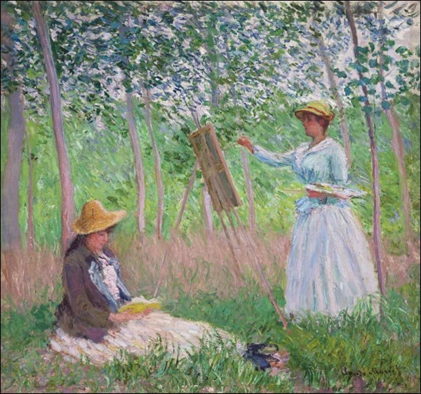 Galeria Plakatu, Plakat, In the Woods at Giverny, Blanche Hoschedé at Her Easel with Suzanne Hoschedé Reading, Claude Monet, 40x40 cm