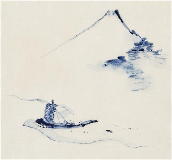 Galeria Plakatu, Plakat, A Person in a Small Boat on a River with Mount Fuji in the Background, Hokusai, 40x40 cm