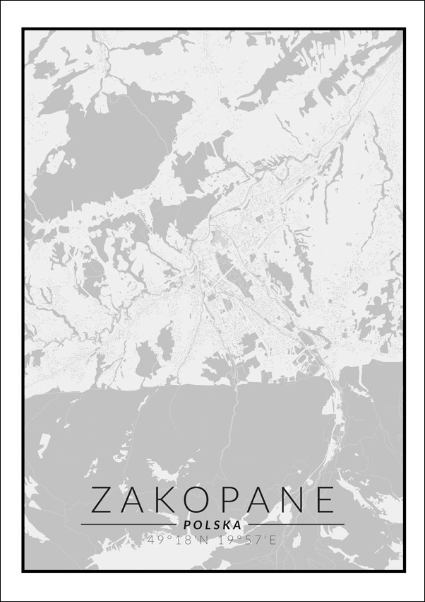 Galeria Plakatu, Plakat, Zakopane mapa czarno, biała, 29,7x42 cm