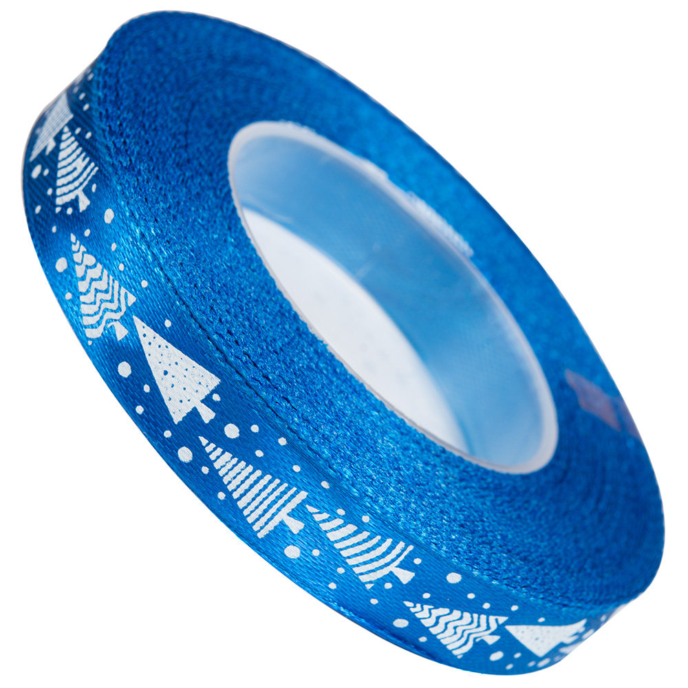 Wstążka Satynowa Nadruk Choinka Niebieska 12mm/22m