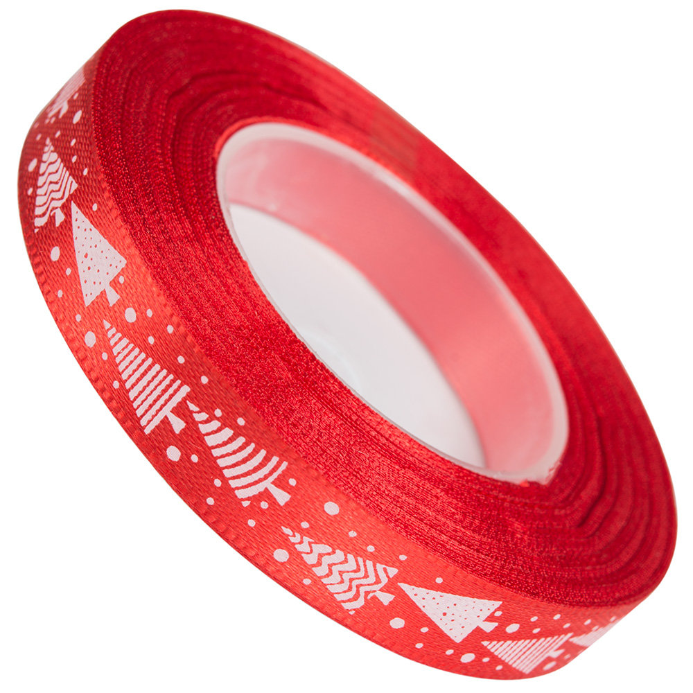 Wstążka Satynowa Nadruk Choinka Czerwona 12mm/22m
