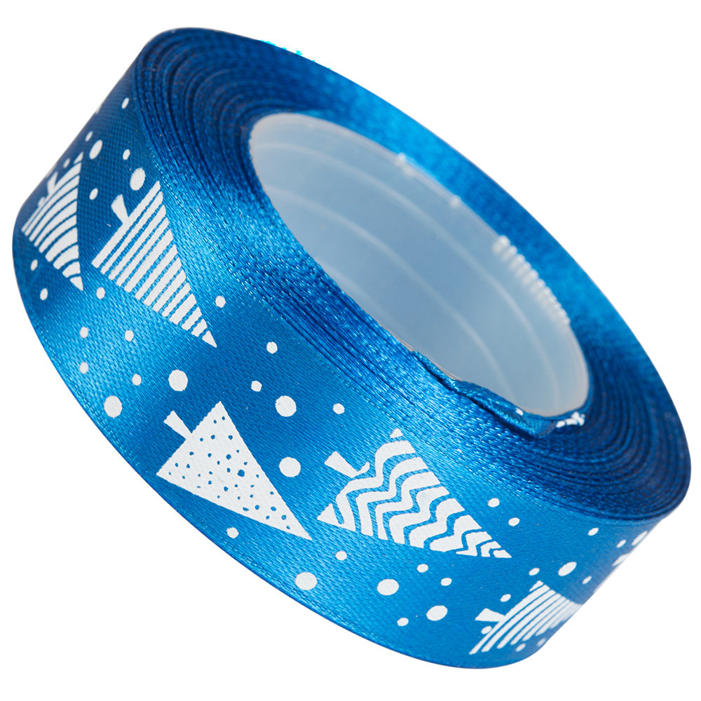 Wstążka Satynowa Nadruk Choinka Niebieska 25mm/22m