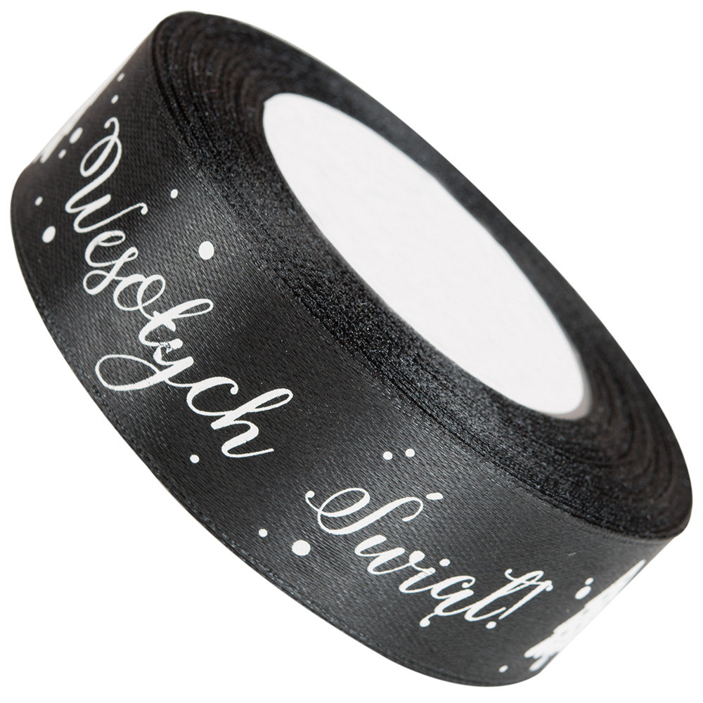 Wstążka Satynowa Nadruk Wesołych Czarny 25mm/22m