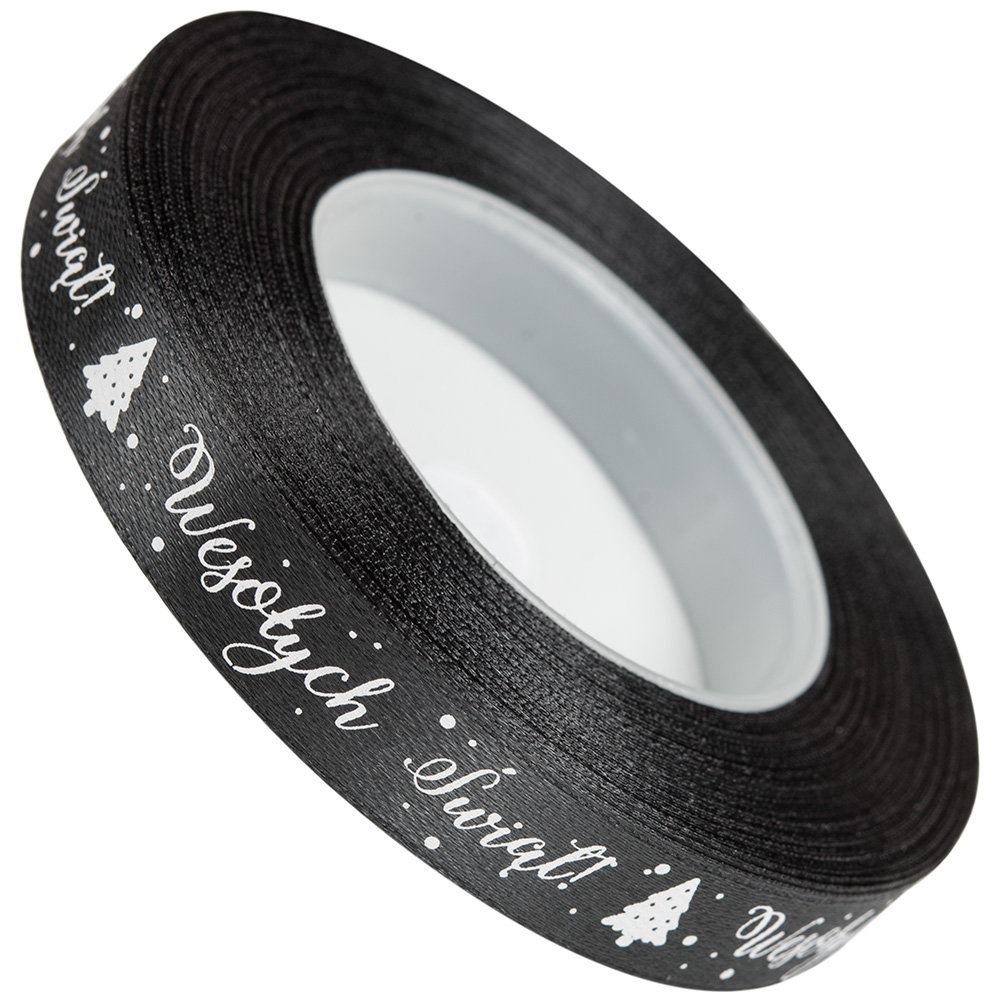 Wstążka Satynowa Nadruk Wesołych Czarna 12mm/22m