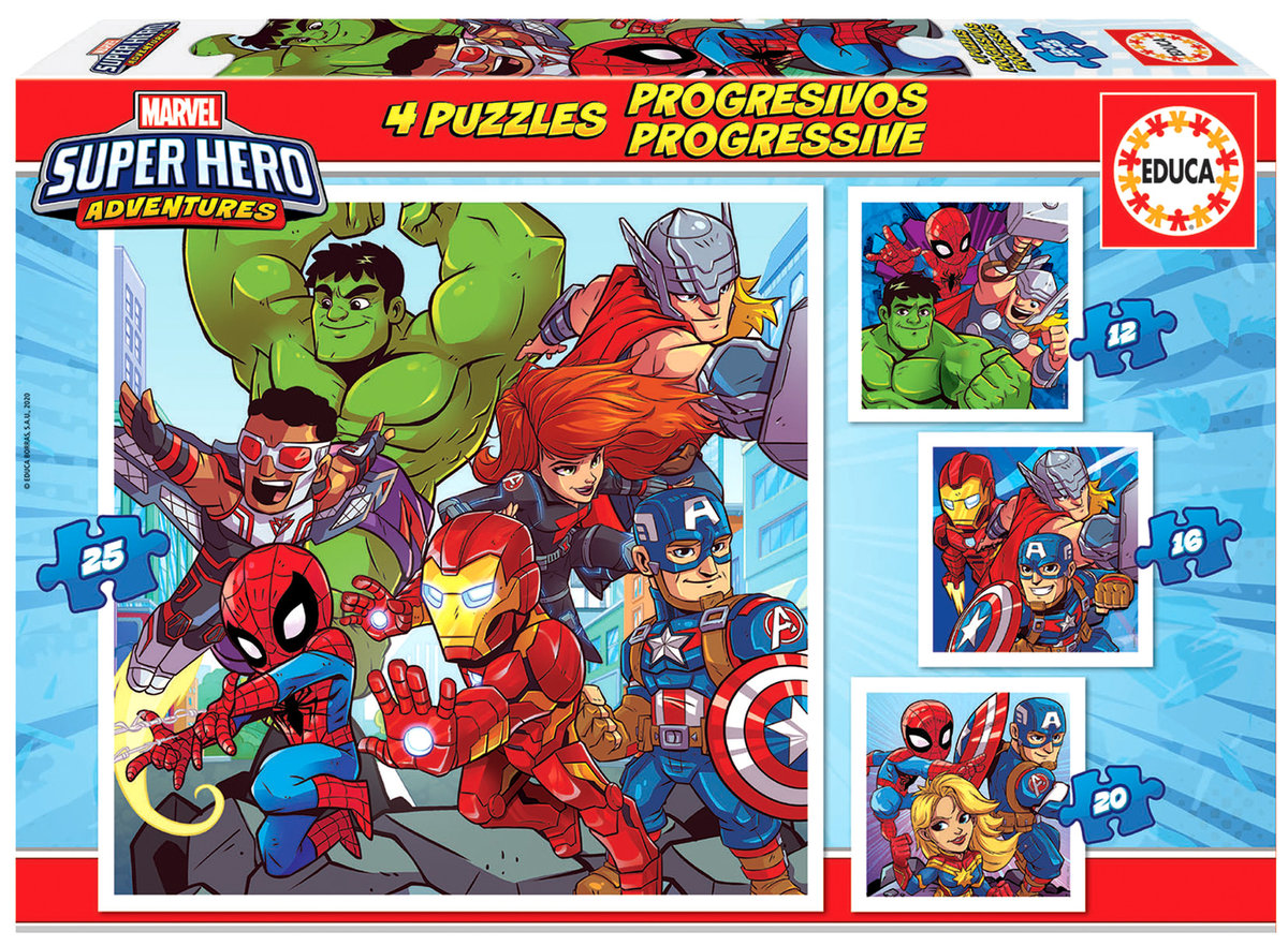 Educa Borrás Progressive puzzle dziecięce 12 16 20 25 części Marvel Super Heroe Adventures od 36 miesięcy (18647), kolor/model posortowany 18647