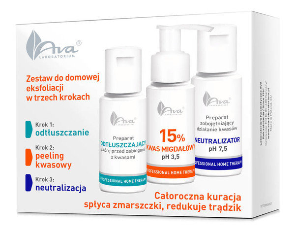 HYDRO LASER AVA PHT Zestaw do domowej eksfoliacji Preparat odtłuszczający, 50ml + Kwas migdałowy 15%, 50ml + Neutralizator, 50ml