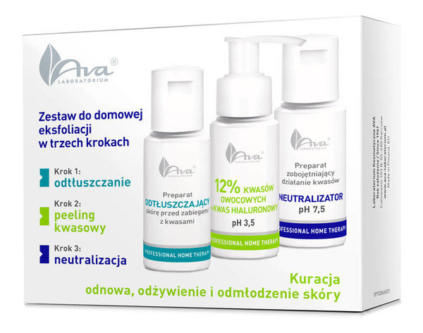 HYDRO LASER AVA PHT Zestaw do domowej eksfoliacji Preparat odtłuszczający, 50ml+ 12% Kwasów owocowych, 50ml + Neutralizator, 50ml