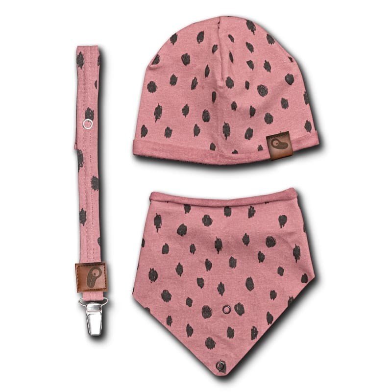 Hi Little One - czapeczka, bandanka i zawieszka do smoczka z organicznej bawełny GOTS Leopard Blush