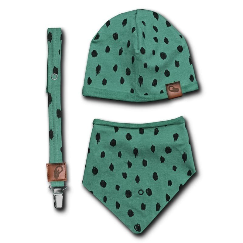 Hi Little One - czapeczka, bandanka i zawieszka do smoczka z organicznej bawełny GOTS Leopard Green Forest