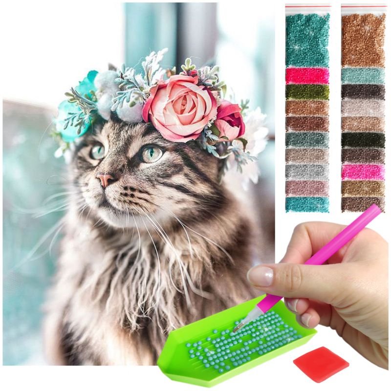 Haft Diamentowy ARTULIO, Obraz DIY 5D, Diamond Painting, Mozaika diamentowa 30x40cm (Kot w kwiecistym wianku) + zestaw akcesoriów