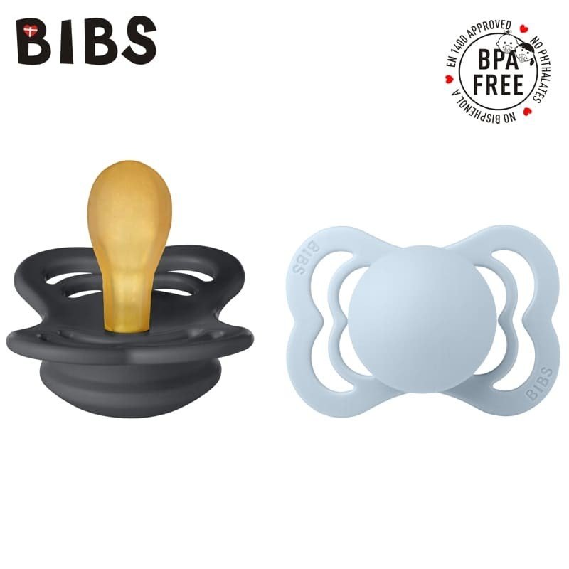 BIBS SUPREME 2-PACK IRON & BABY BLUE S Smoczek Symetryczny kauczuk Hevea