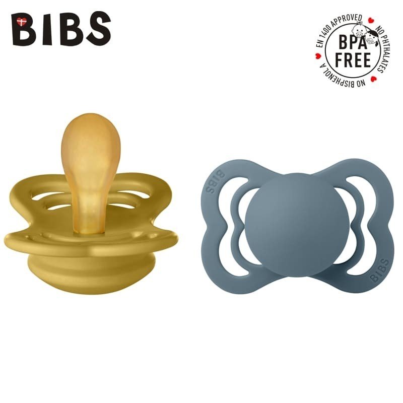 BIBS SUPREME 2-PACK MUSTARD & PETROL S Smoczek Symetryczny kauczuk Hevea