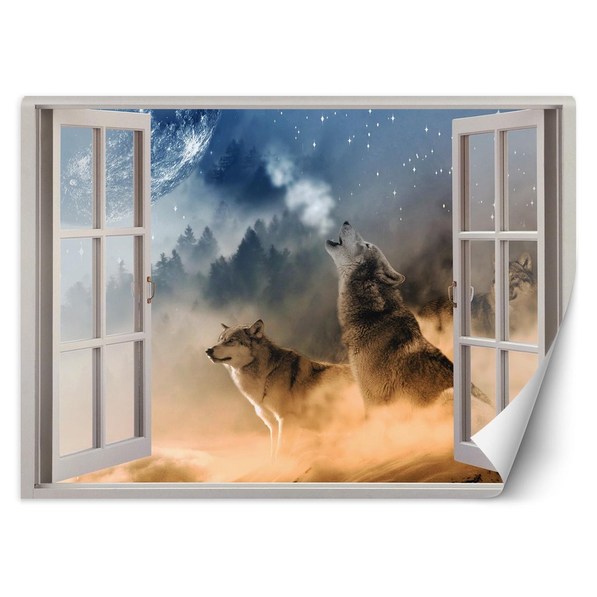 Fototapeta, Okno - wyjące wilki (Rozmiar 210x150)