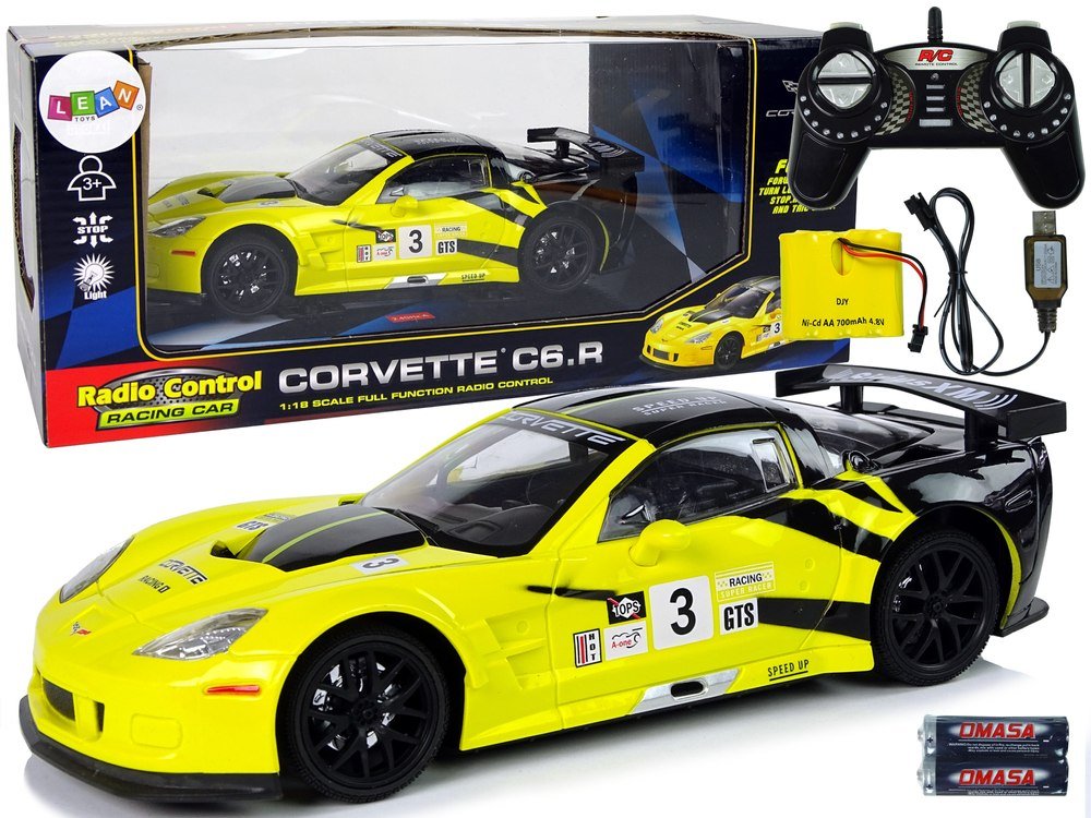 Import leantoys Auto Sportowe Wyścigowe R/C 1:18 Corvette C6.R Żółty 2.4 G Światła 9725