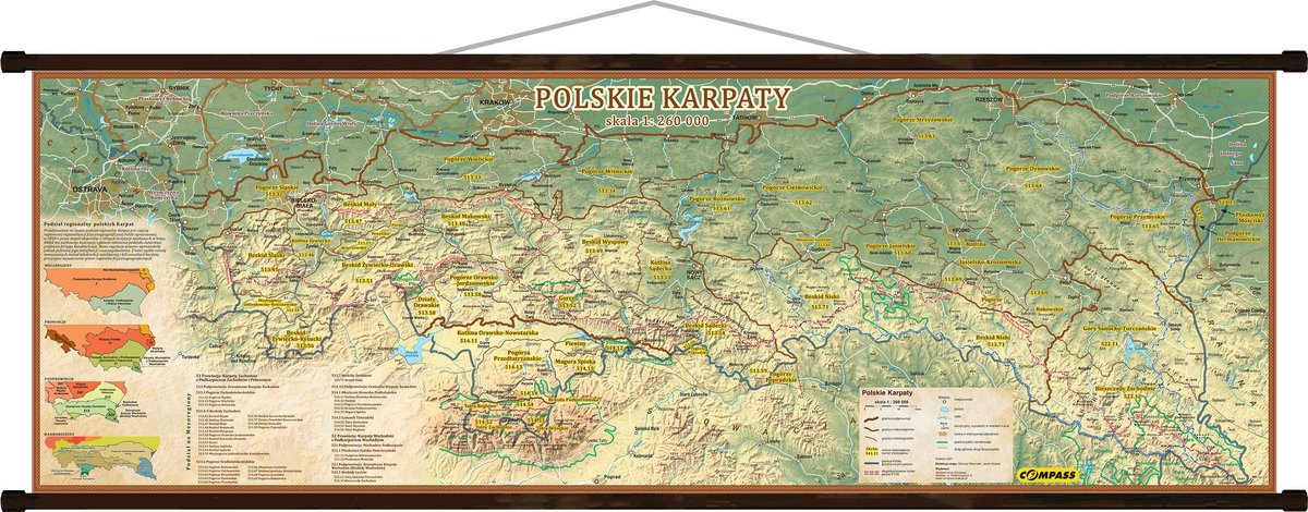 Karpaty Polskie mapa ścienna, 1:260 000, Compass