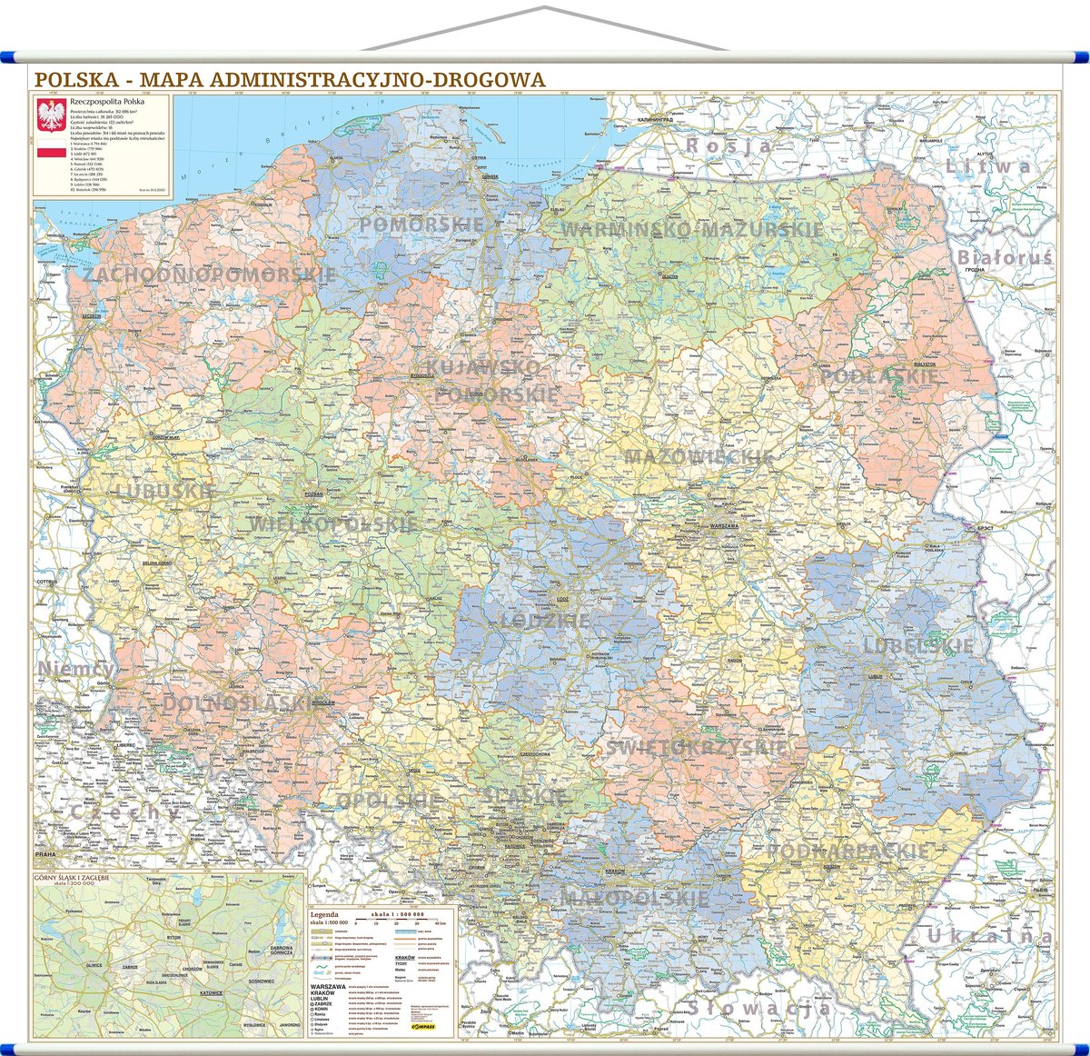 Polska administracyjno-drogowa mapa ścienna, 1:500 000, Compass