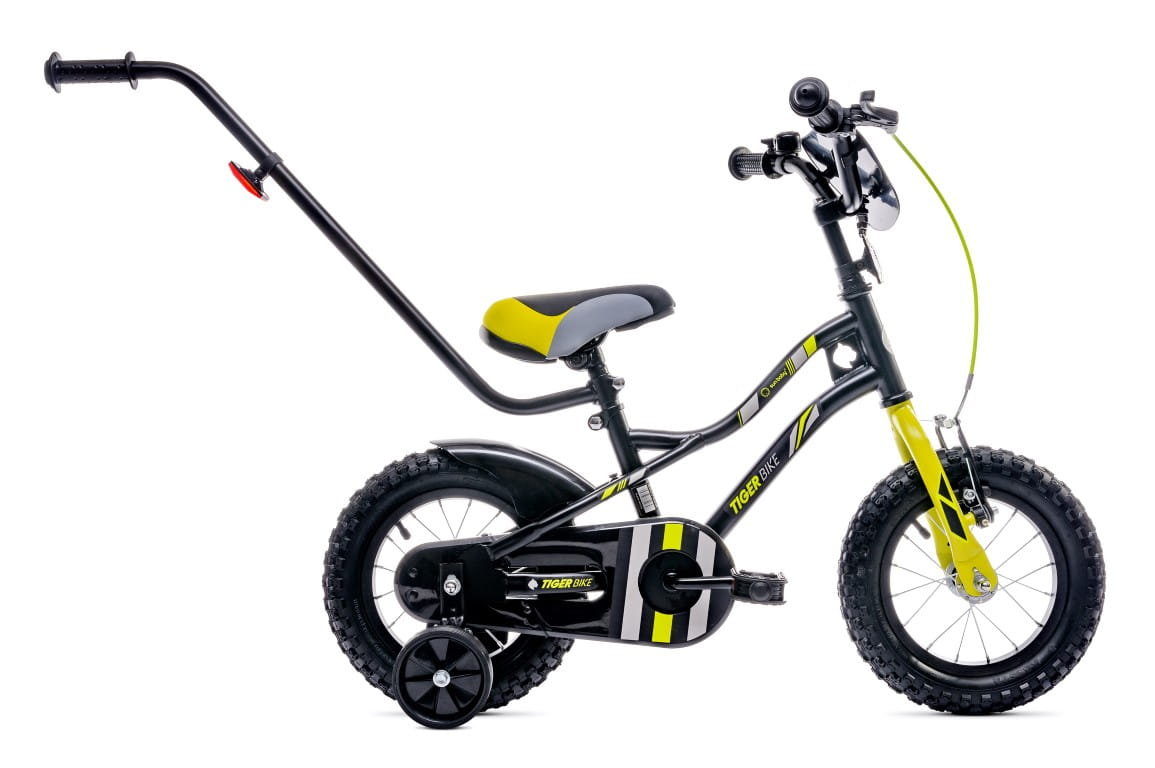 Sun Baby Rowerek dla chłopca 12 cali Tiger Bike z pchaczem czarno - żołto - szary J03.019.1.2