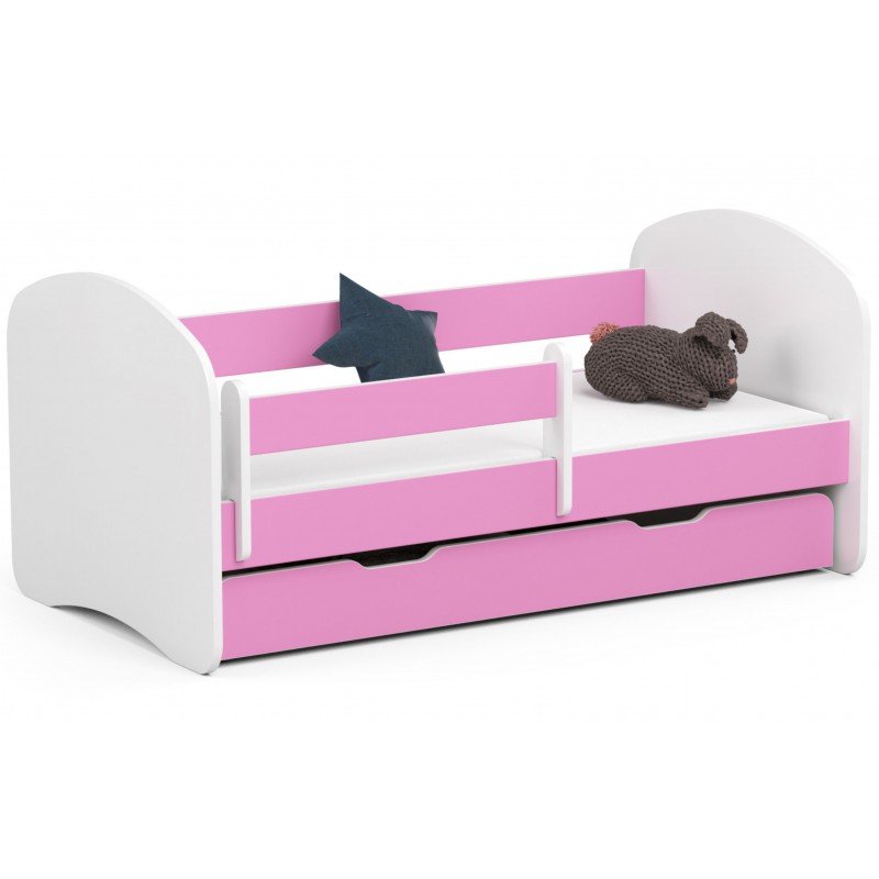 Łóżko dziecięce 140x70 AKORD SMILE z materacem i szufladą 80 cm - 1 szuflada, kolor Różowy, mat - 80x144x60 cm