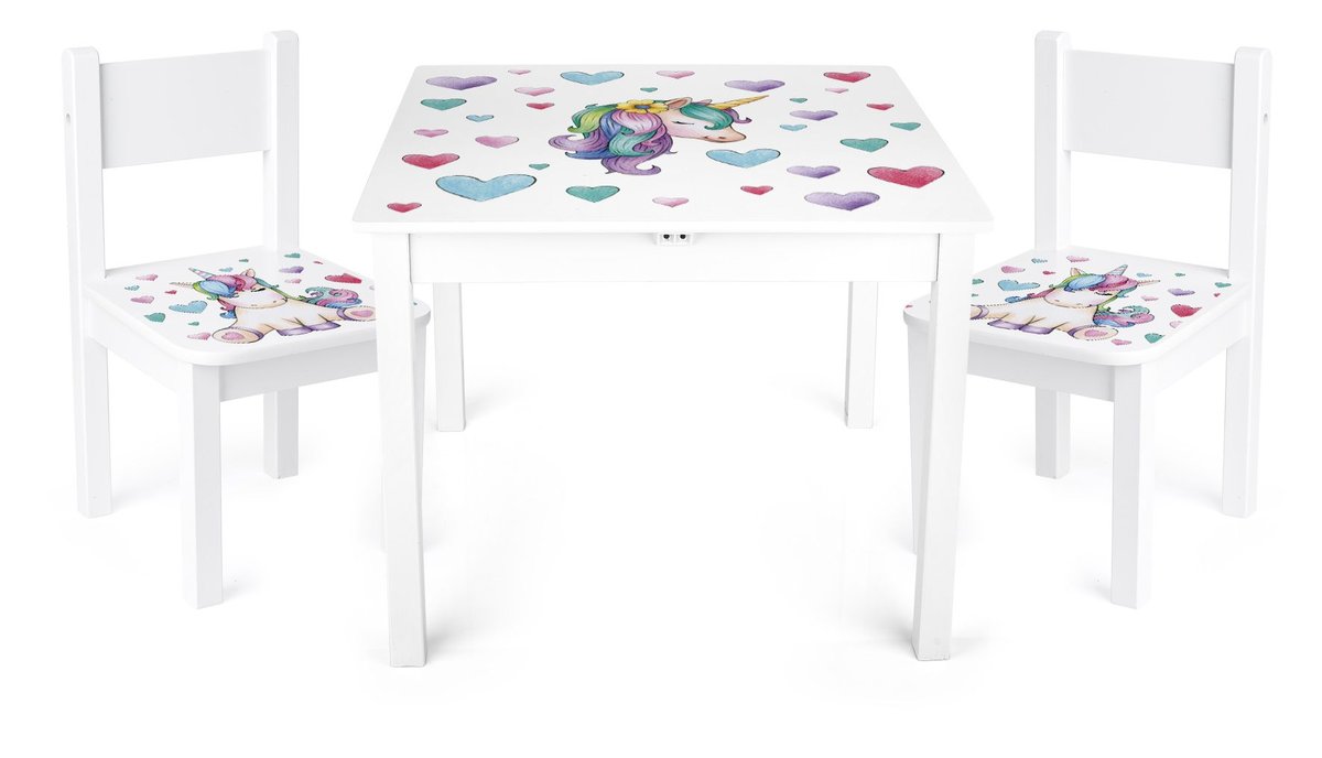 Drewniany Stolik Z Krzesełkami Yeti  - Nadruk Jednorożec