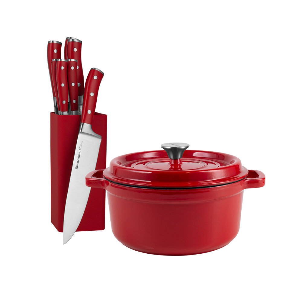 Zestaw kucharza: zestaw 7 noży kuchennych ze stojakiem i retro garnek żeliwny z pokrywką 4,3 L Vintage Cuisine - czerwony