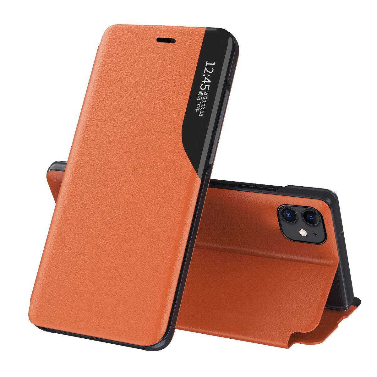 Hurtel Eco Leather View Case elegancki futerał etui z klapką i funkcją podstawki iPhone 13 Pro Max pomarańczowy
