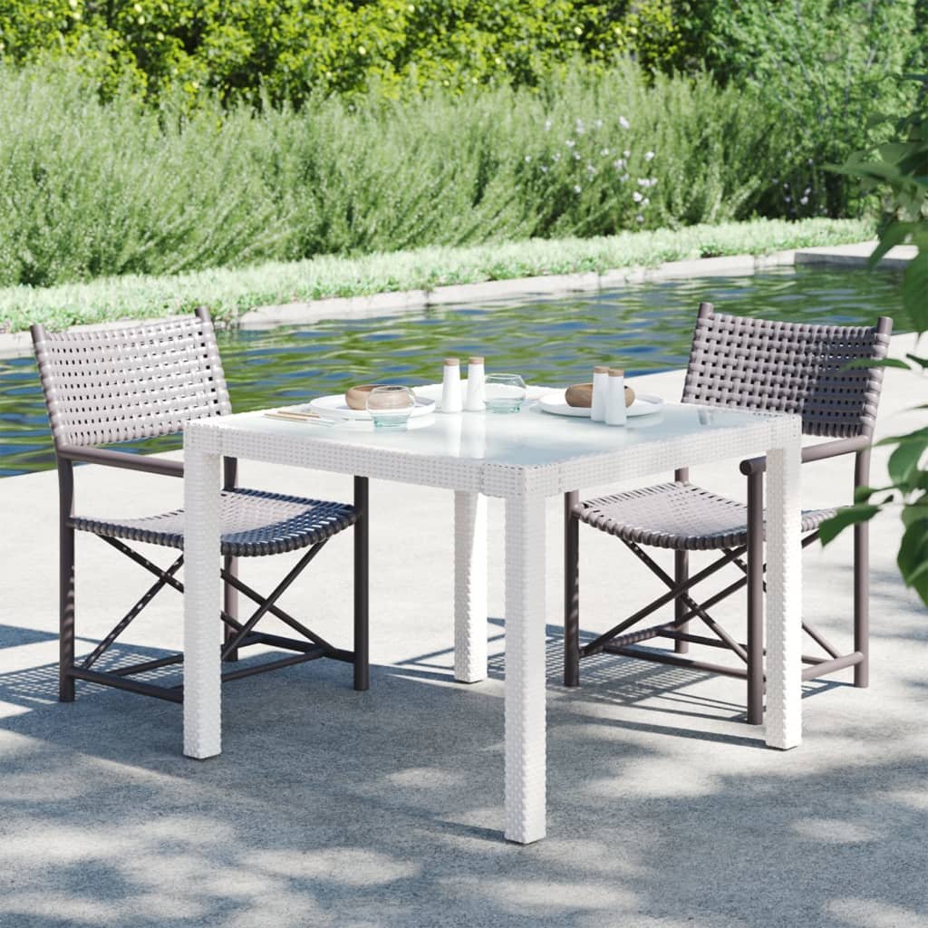 vidaXL Stół ogrodowy 90x90x75 cm szkło i rattan PE biały 316702