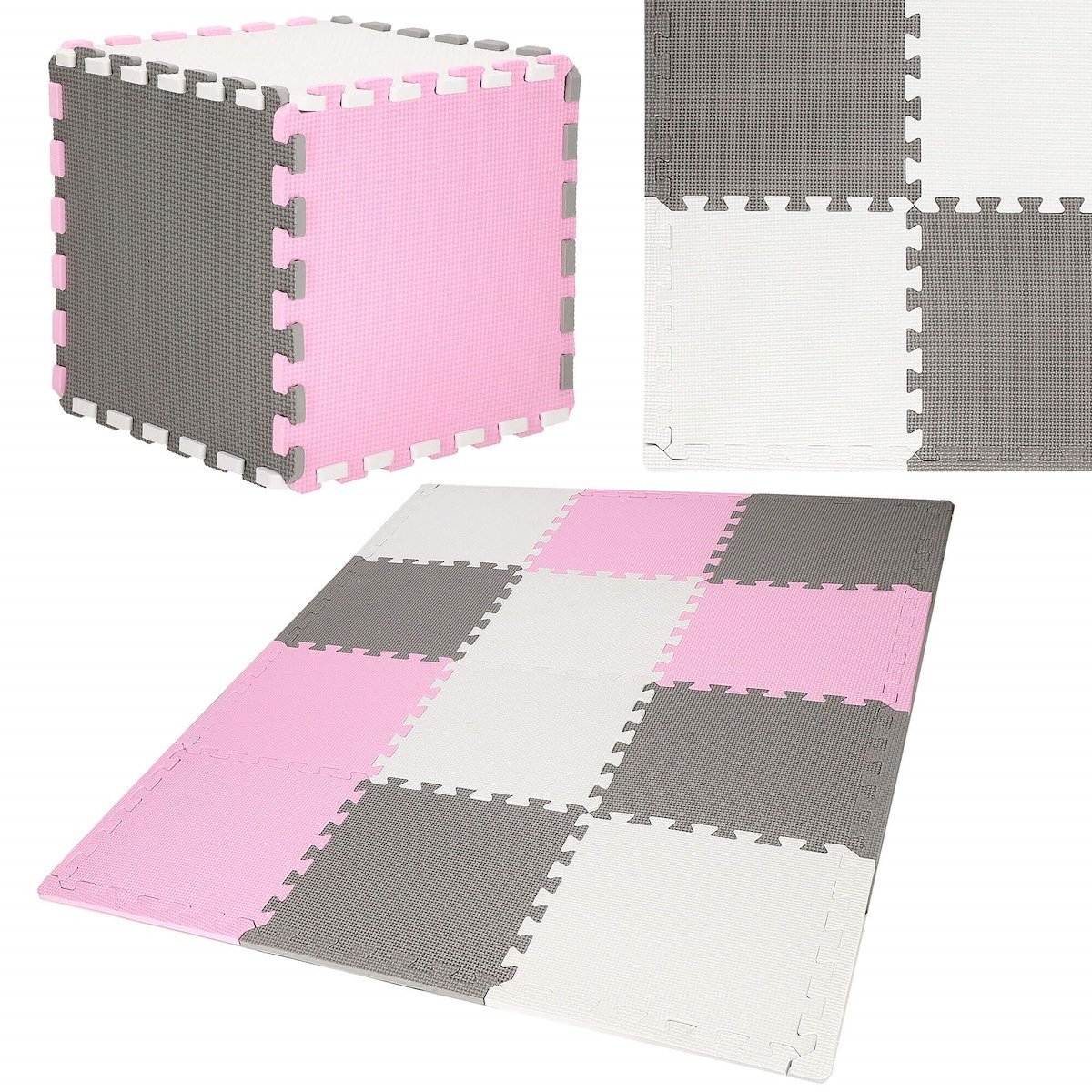 Mata piankowa kwadraty 118x90 cm szare białe różowe puzzle pianka EVA FM0028