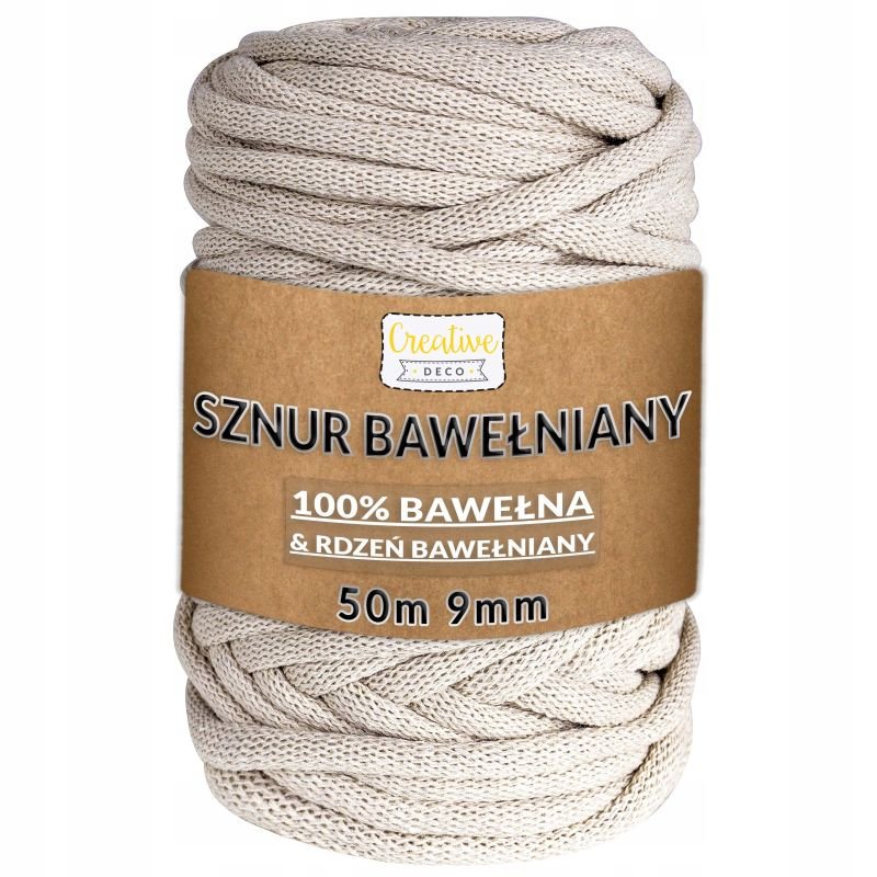 Sznurek Do Makramy Bawełniany 9Mm 50M Beżowy Gruby