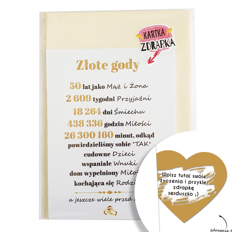 Złote gody. Kartka na rocznicę ślubu ze zdrapką. Kartka ZDRAPKA