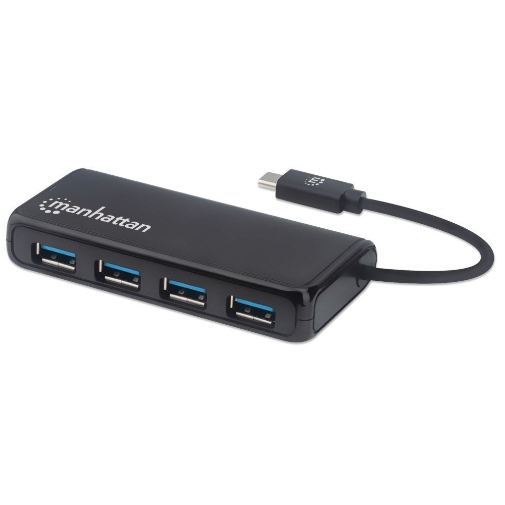 Manhattan USB-C 4-portowy hub/stacja dokująca, USB-C na 4 porty USB-A, 5 Gb/s (USB 3.2 Gen1 aka USB 3.0), zasilanie magistrali, czarny, pudełko 164924