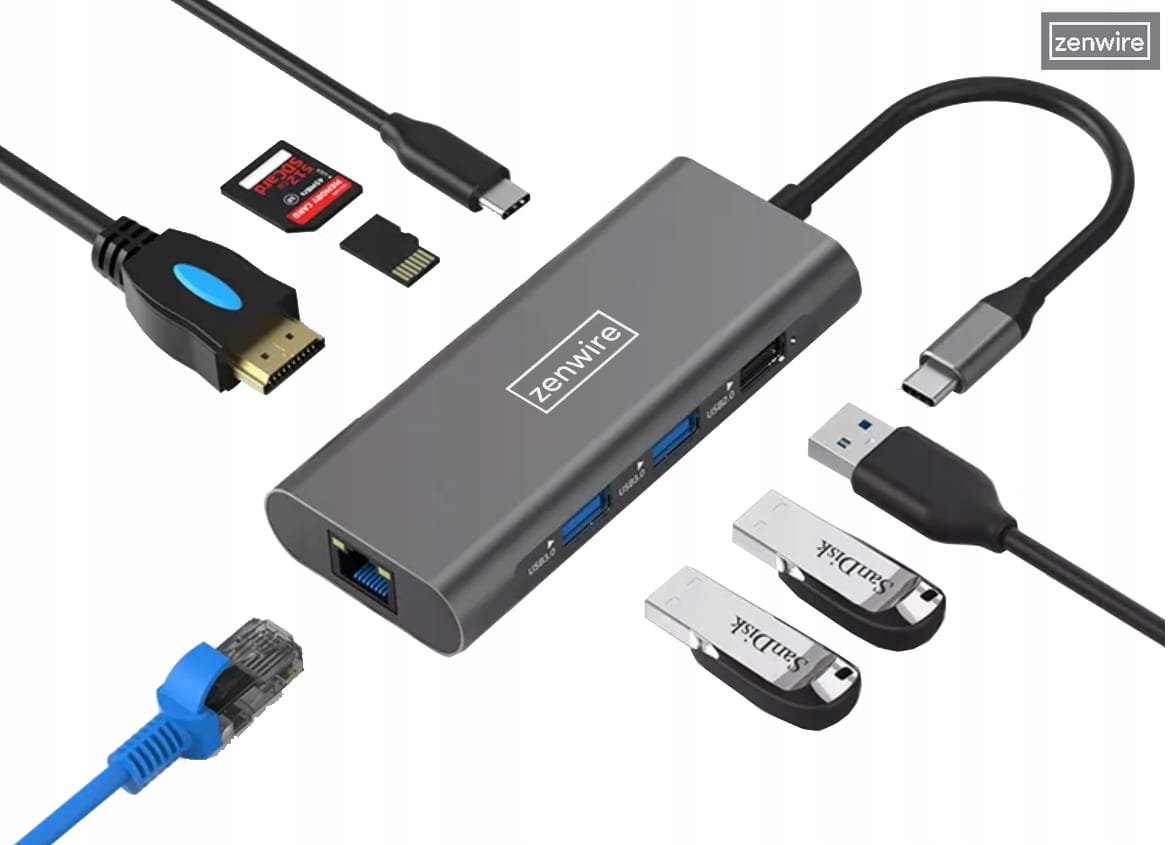 Hub Adapter, Zenwire, USB-C 9W1 HDMI 4K USB 3.0 SD Ethernet