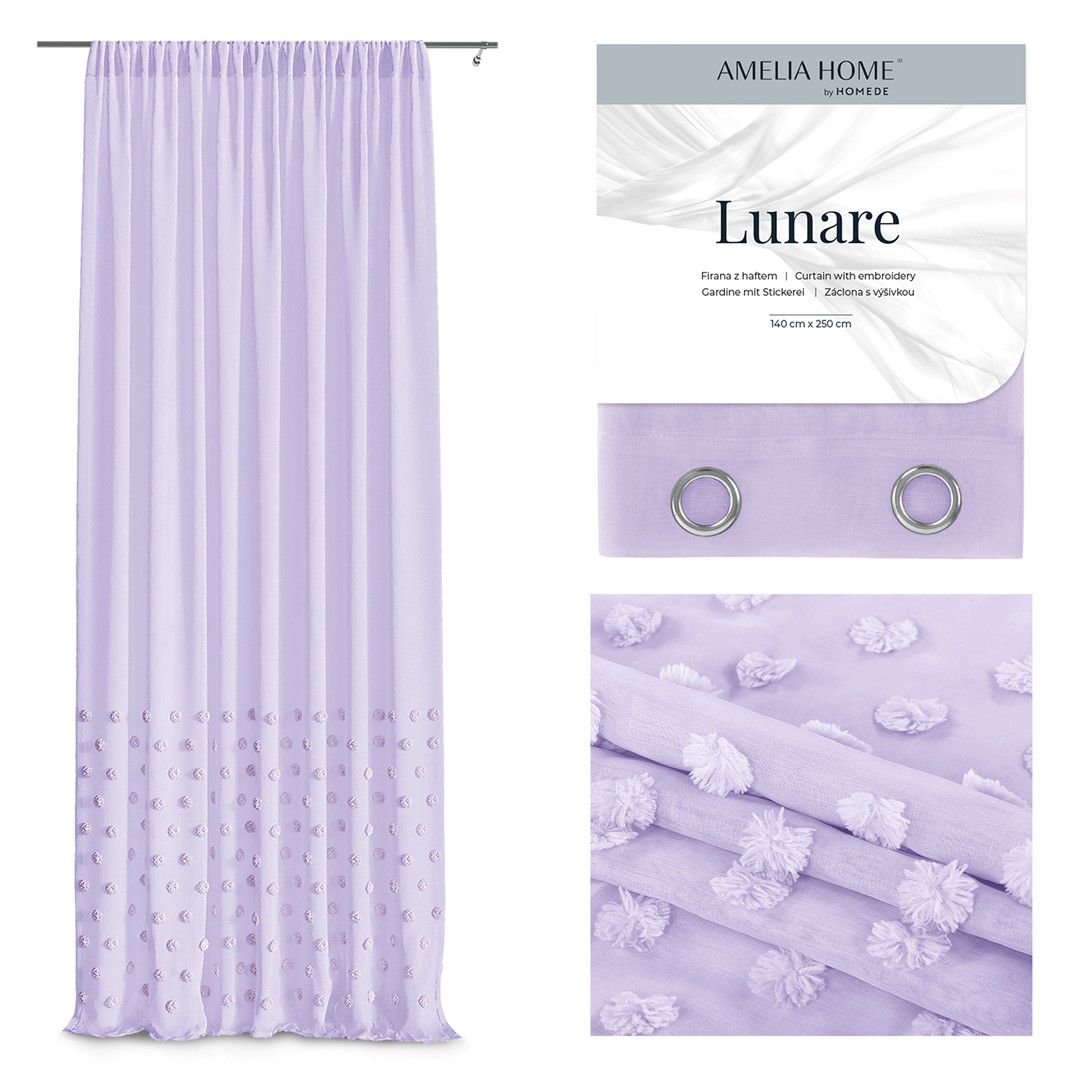 AmeliaHome, Firana Lunare na taśmie, Lawendowy, 140x250 cm