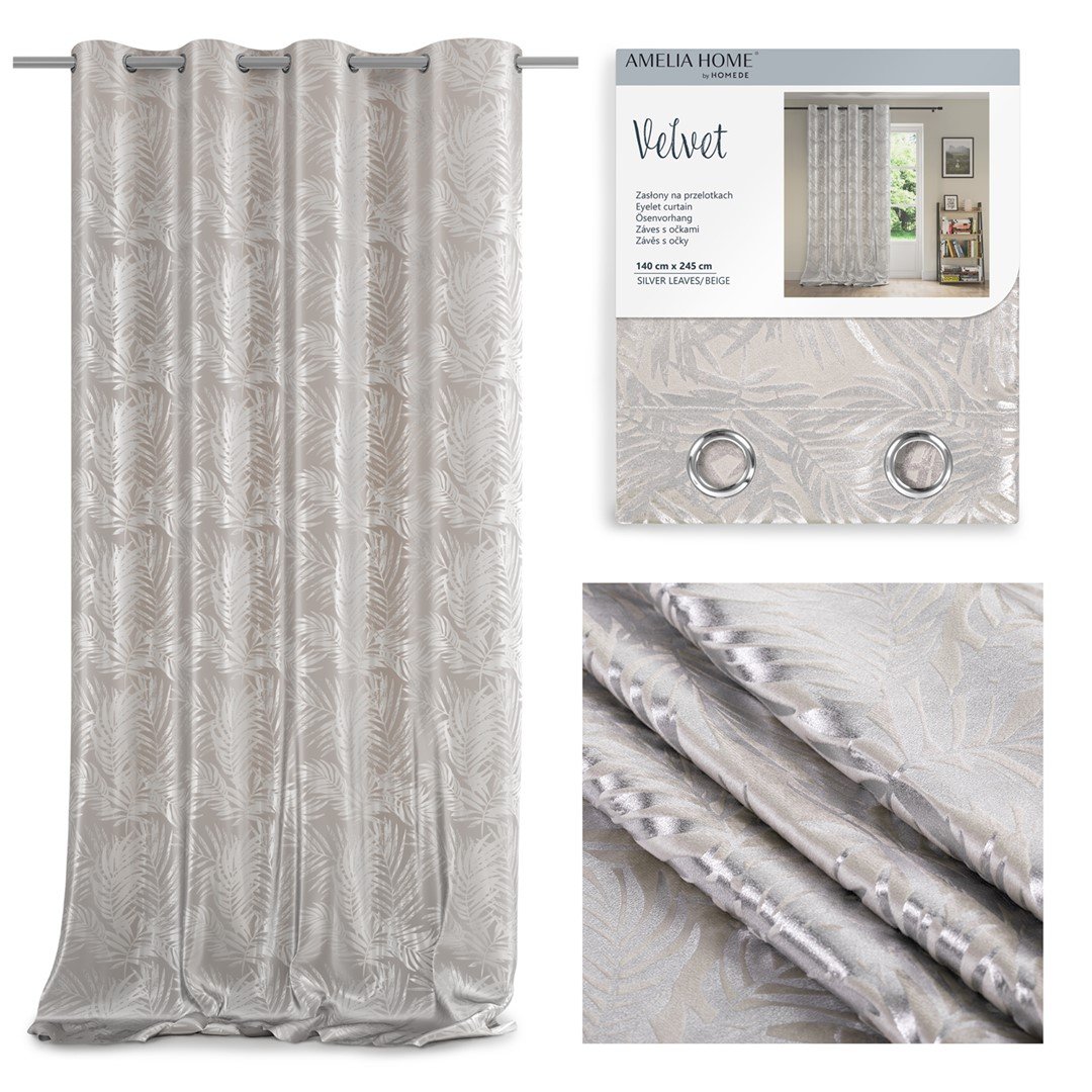 Zasłona SILVERLEAVES kolor beżowy drukowany styl glamour przelotki przelotki srebrne velvet 140x245 ameliahome - CURT/AH/VELVET/