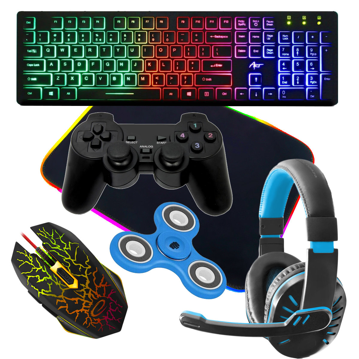 Zestaw gamingowy klawiatura ART SLIM AK-20 podświetlana mysz mata RGB słuchawki pad
