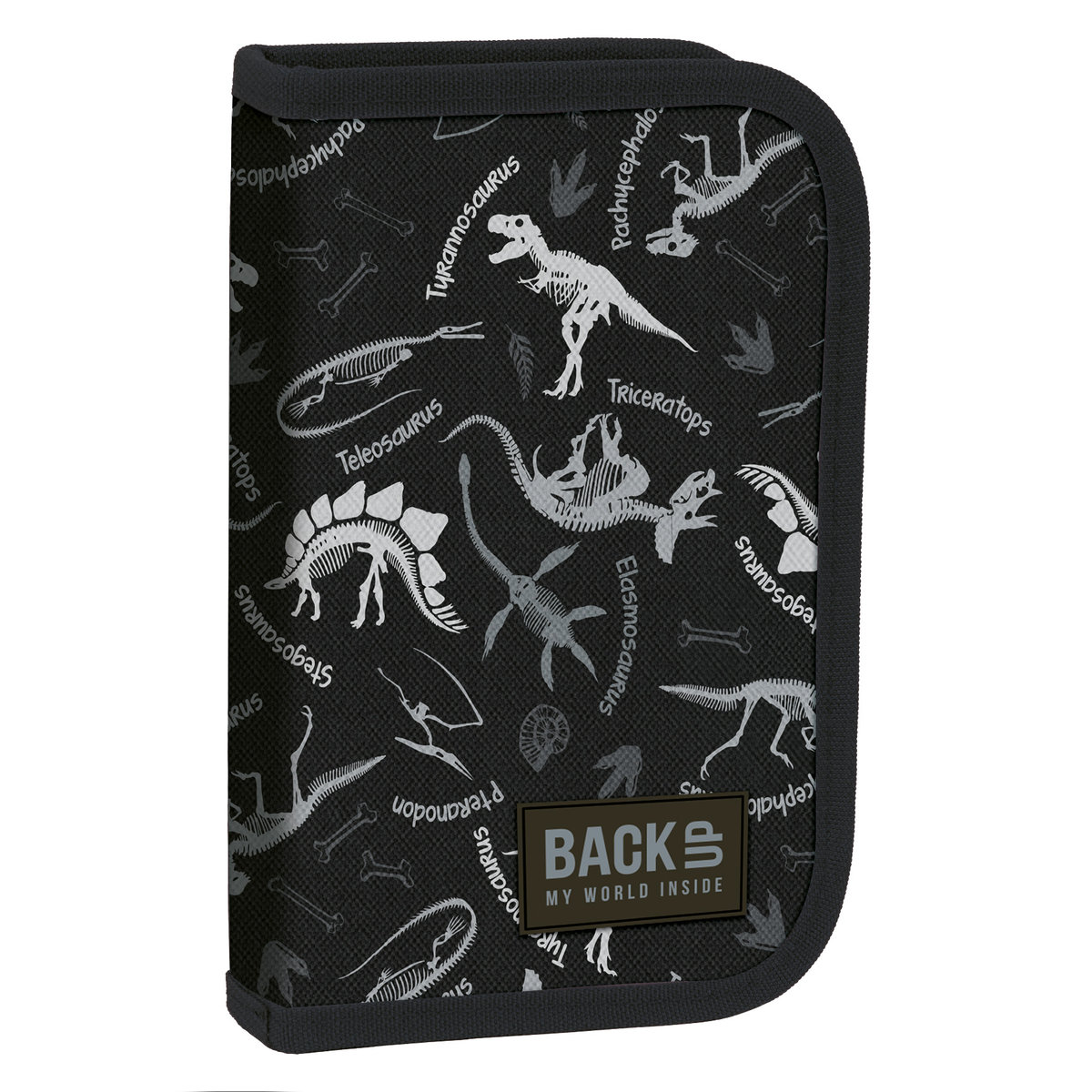Piórnik z wyposażeniem jednokomorowy dla dzieci, Sw 114 BackUp, dinozaury, czarny