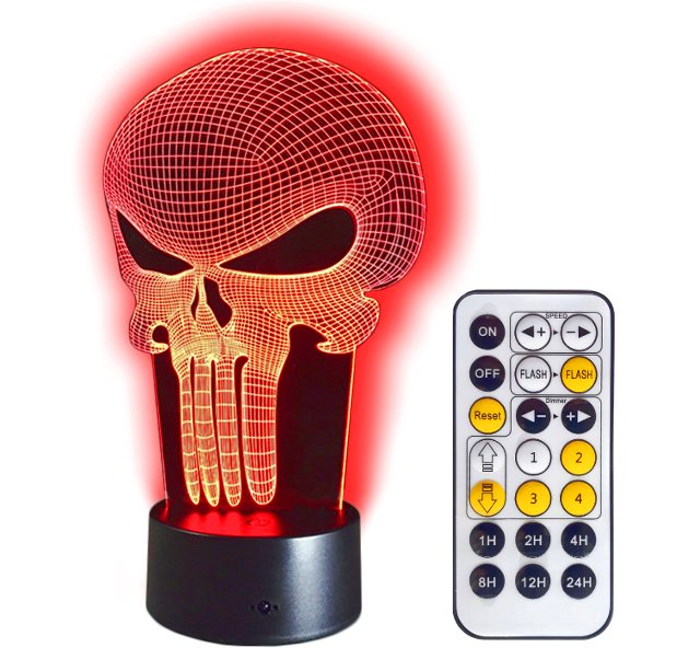 Lampka nocna 3D LED CZASZKA PUNISHER kabel USB + PILOT