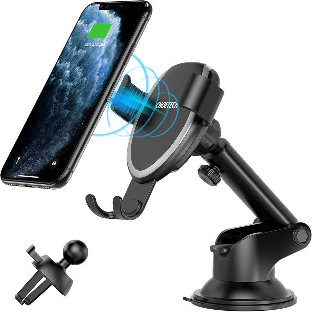 Choetech bezprzewodowa ładowarka Qi 10W grawitacyjny uchwyt samochodowy na kokpit deskę rozdzielczą + klips na kratkę wentylacyjną nawiew + kabel micro USB 1,2m czarny (T536-S) T536-S