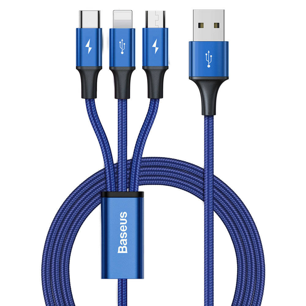 Baseus Rapid 3w1 kabel USB - USB Typ C / Lightning / micro USB do ładowania i przesyłania danych (wszystkie wtyczki) 1,2m niebieski (CAJS000003) CAJS000003