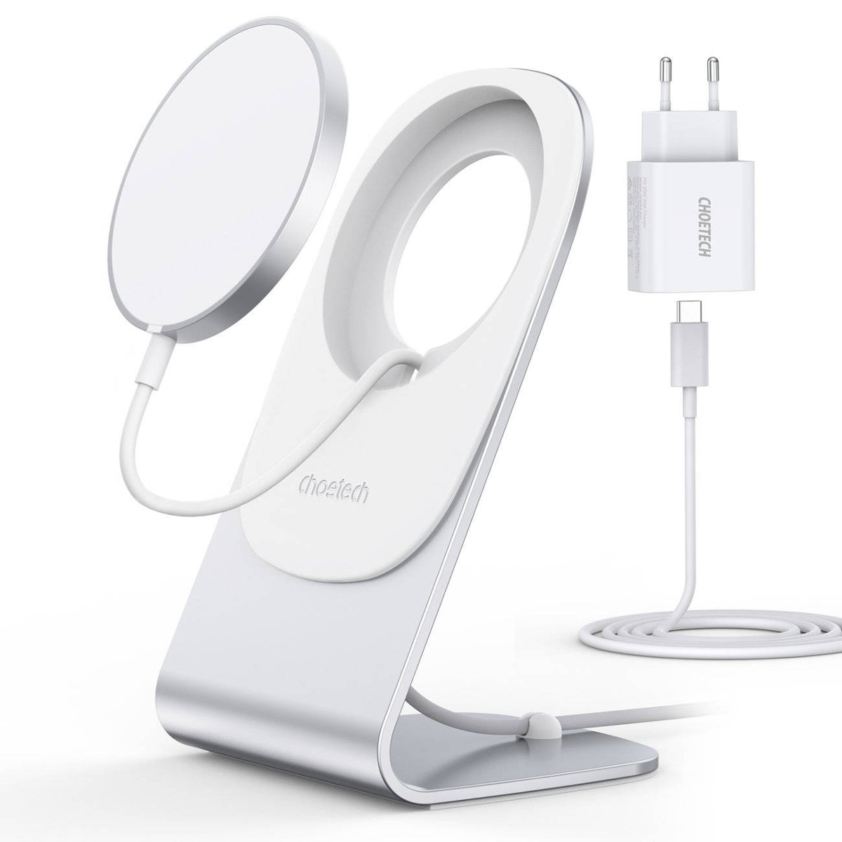 Choetech Choetech bezprzewodowa ładowarka MagSafe Qi 15W z aluminiowym stojakiem srebrny + ładowarka sieciowa PD 20W (H047) H047