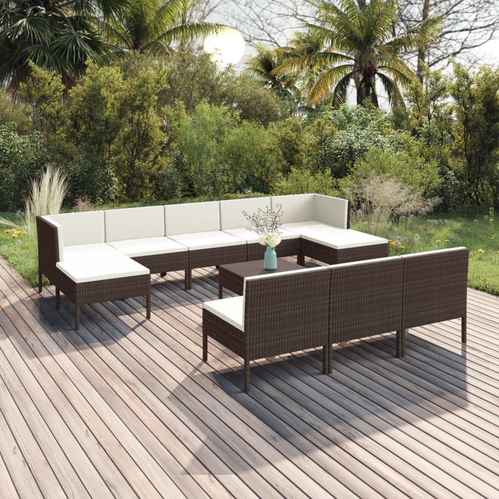 vidaXL 11-cz zestaw wypoczynkowy do ogrodu poduszki rattan PE brąz 3094571