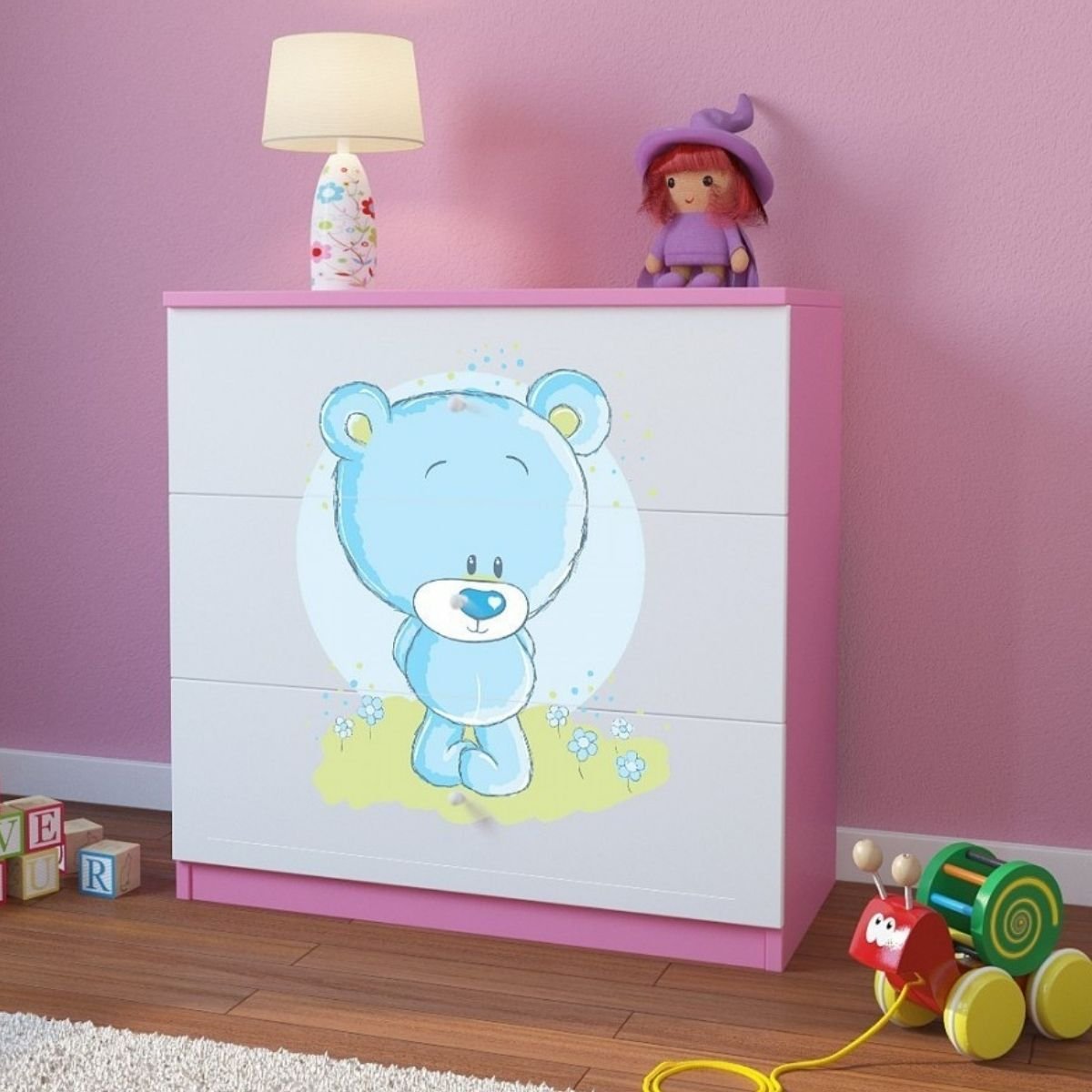 KocotKids Komoda do pokoju dziecięcego, babydreams, niebieski miś, 81 cm, różowa