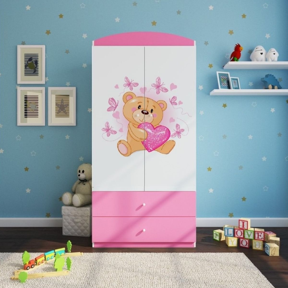 Szafa dwudrzwiowa, do pokoju dziecka, babydreams, 90 cm, miś motylki, różowa