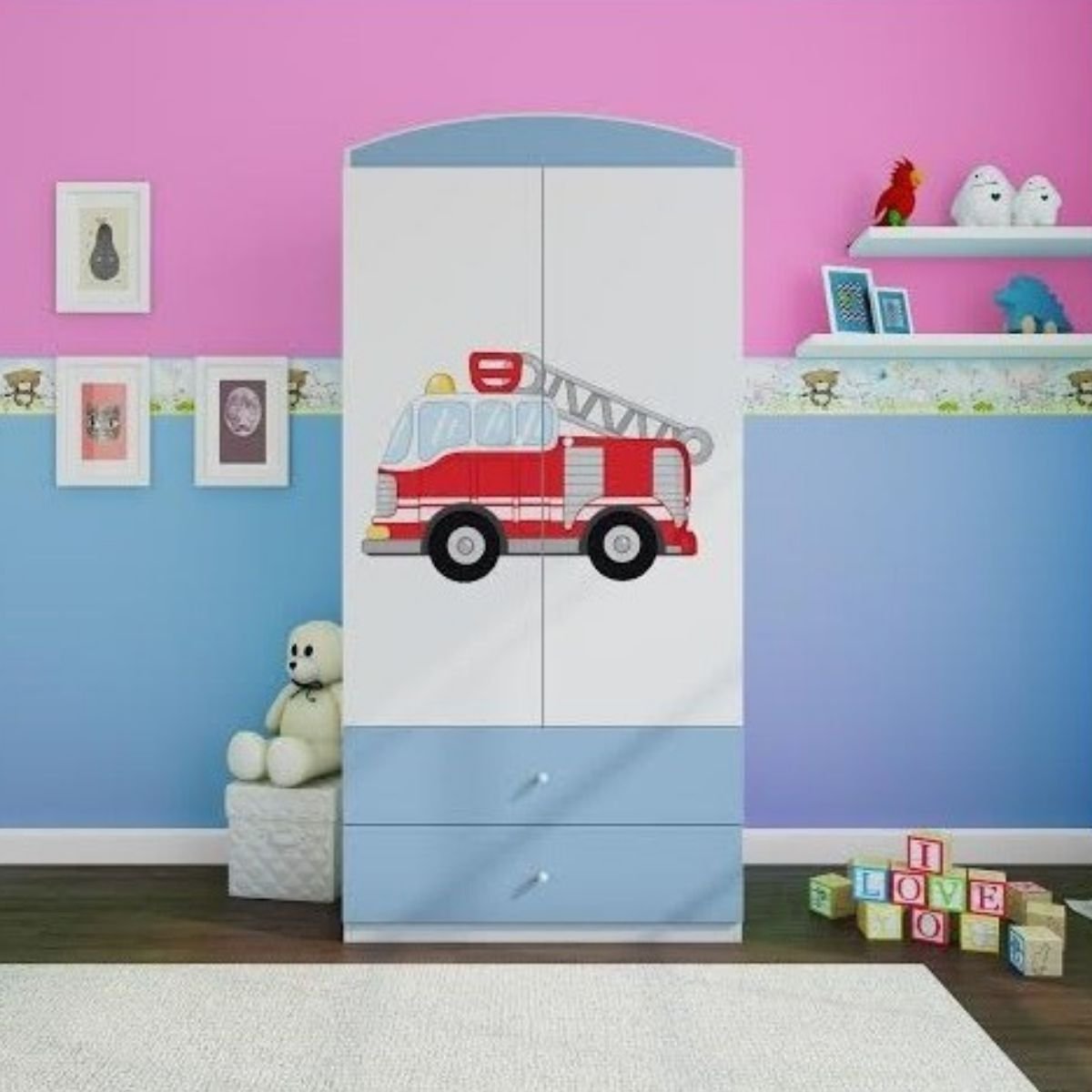 Szafa dwudrzwiowa, do pokoju dziecka, babydreams, 90 cm, straż pożarna, niebieska