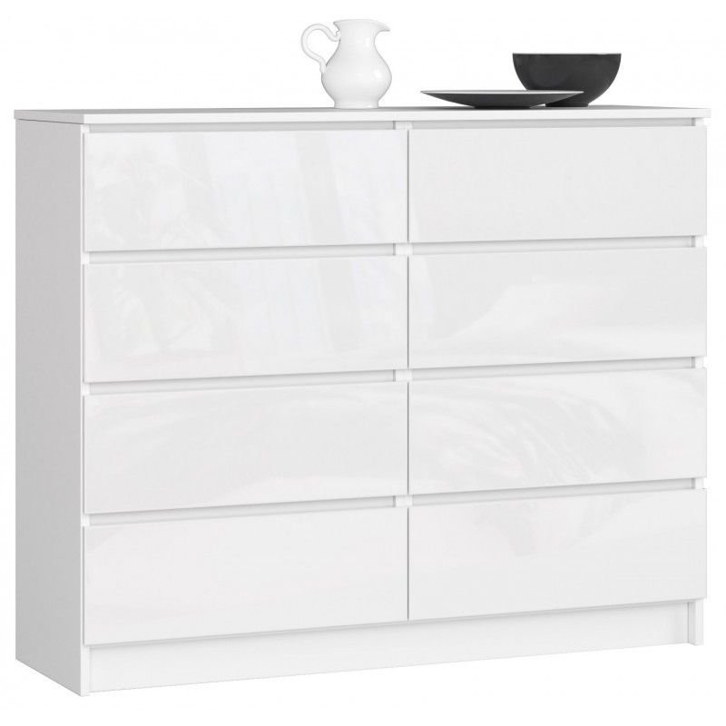 KOMODA K 120 cm 8 SZUFLAD AKRYL BIAŁA WYSOKI POŁYSK