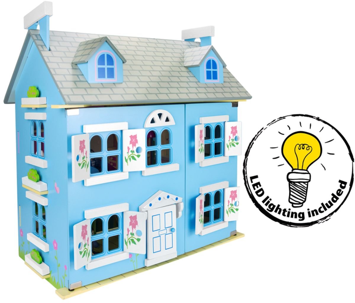 Willa Alpejska Niebieska -  domek dla lalek z wyposażeniem i laleczkami + oświetlenie LED