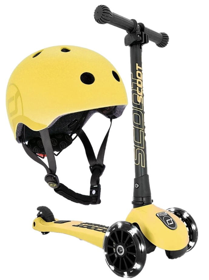 Scoot and Ride Highwaykick 3 LED Hulajnoga składana ze świecącymi kółkami + Kask dla dzieci S-M od 3 lat Lemon
