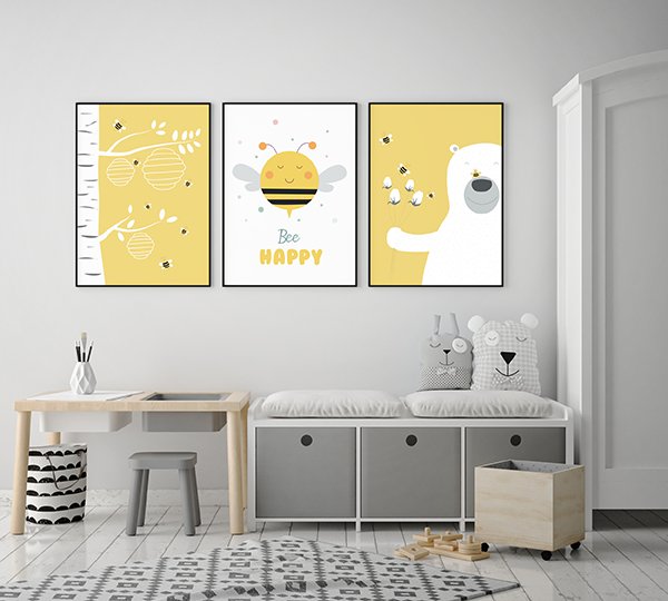 Plakaty skandynawskie Bee Happy, Miś i pszczółki fromat A4